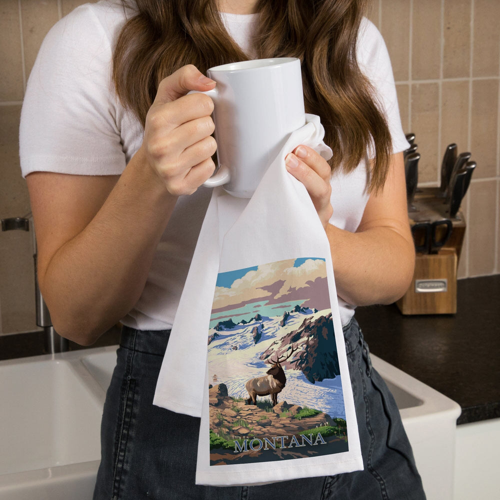 Montana, Elk and Snowy Mountain, Organic Cotton Kitchen Tea Towels Kitchen Lantern Press 