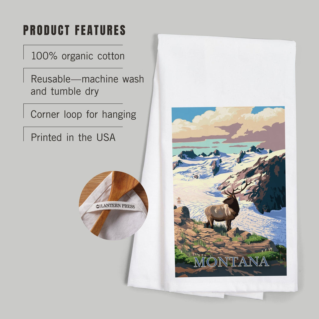 Montana, Elk and Snowy Mountain, Organic Cotton Kitchen Tea Towels Kitchen Lantern Press 