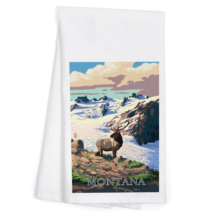 Montana, Elk and Snowy Mountain, Organic Cotton Kitchen Tea Towels Kitchen Lantern Press 