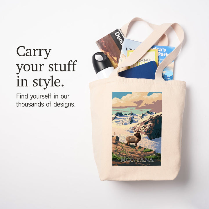 Montana, Elk and Snowy Mountain, Tote Bag Totes Lantern Press 