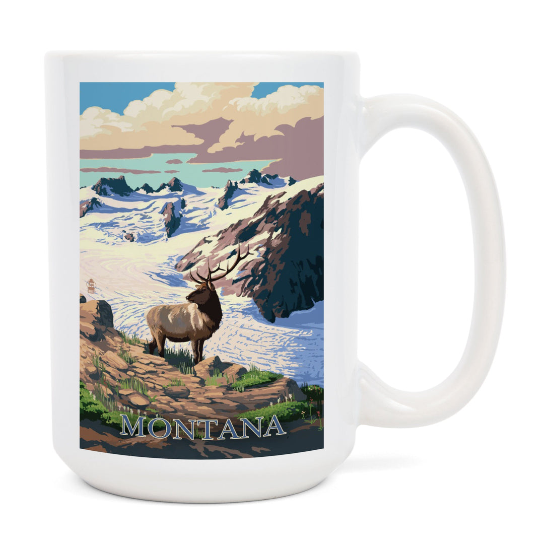Montana, Elk & Snowy Mountain, Lantern Press Artwork, Ceramic Mug Mugs Lantern Press 