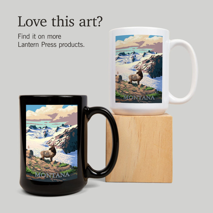Montana, Elk & Snowy Mountain, Lantern Press Artwork, Ceramic Mug Mugs Lantern Press 