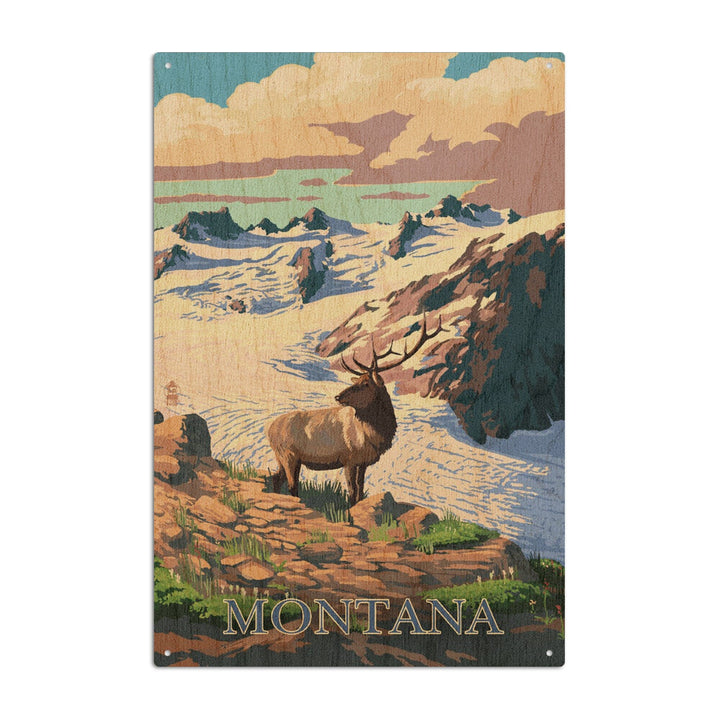Montana, Elk & Snowy Mountain, Lantern Press Artwork, Wood Signs and Postcards Wood Lantern Press 10 x 15 Wood Sign 