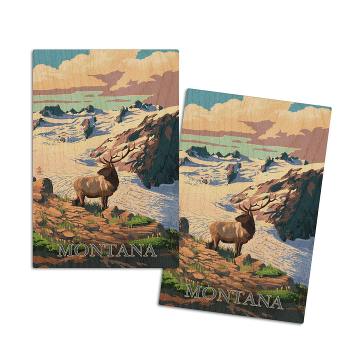 Montana, Elk & Snowy Mountain, Lantern Press Artwork, Wood Signs and Postcards Wood Lantern Press 4x6 Wood Postcard Set 