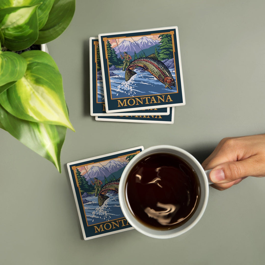 Montana, Fly Fishing Scene, Coasters Coasters Lantern Press 
