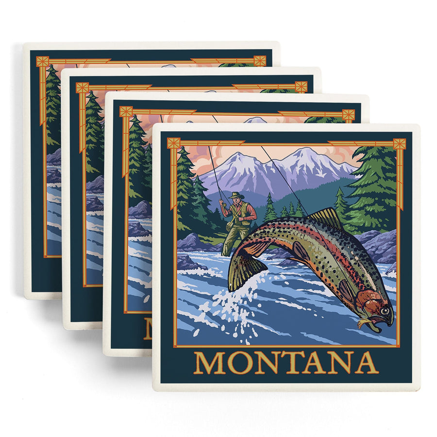 Montana, Fly Fishing Scene, Lantern Press Artwork, Coaster Set Coasters Lantern Press 