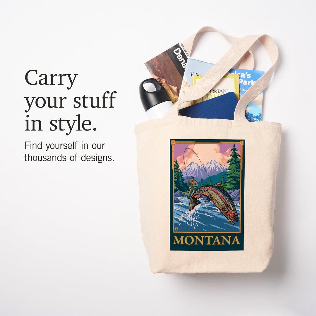 Montana, Fly Fishing Scene, Lantern Press Artwork, Tote Bag Totes Lantern Press 