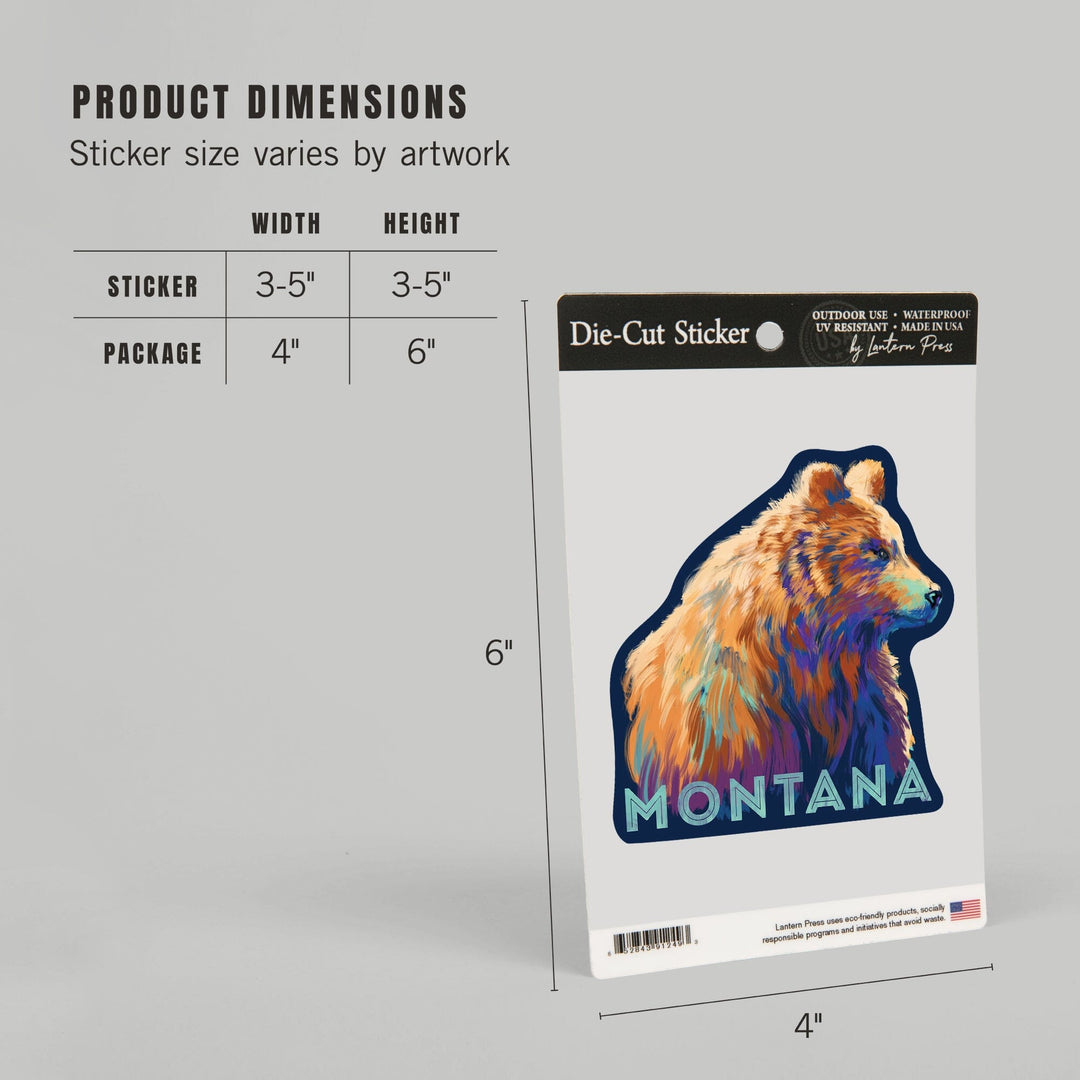 Montana, Grizzly Bear, Vivid Watercolor, Contour, Lantern Press Artwork, Vinyl Sticker Sticker Lantern Press 