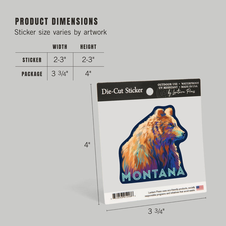 Montana, Grizzly Bear, Vivid Watercolor, Contour, Lantern Press Artwork, Vinyl Sticker Sticker Lantern Press 