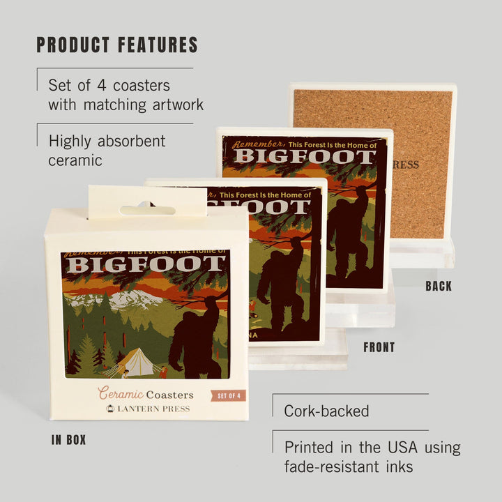 Montana, Home of Bigfoot, WPA Style, Lantern Press Artwork, Coaster Set Coasters Lantern Press 