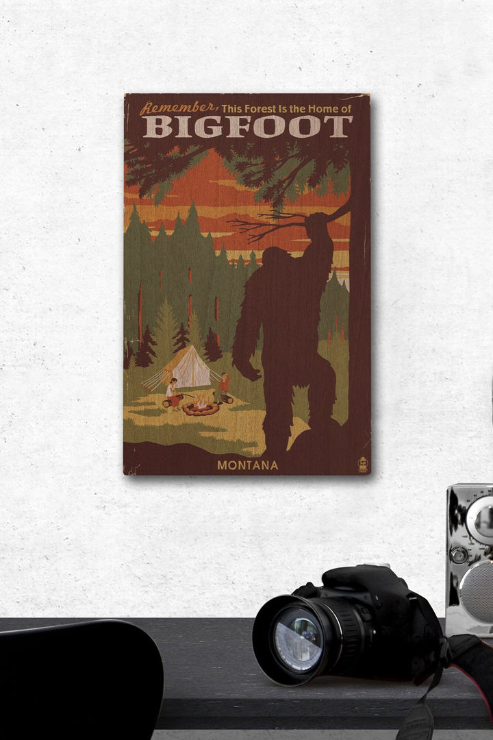 Montana, Home of Bigfoot, WPA Style, Lantern Press Artwork, Wood Signs and Postcards Wood Lantern Press 12 x 18 Wood Gallery Print 