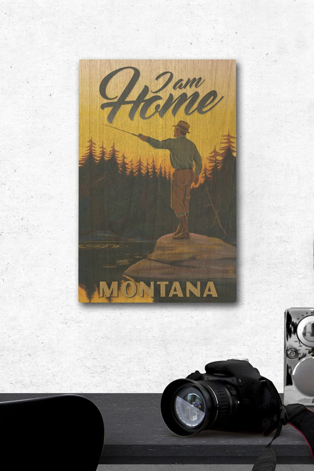 Montana, I am Home, Fly Fishing Scene, Lantern Press Artwork, Wood Signs and Postcards Wood Lantern Press 12 x 18 Wood Gallery Print 
