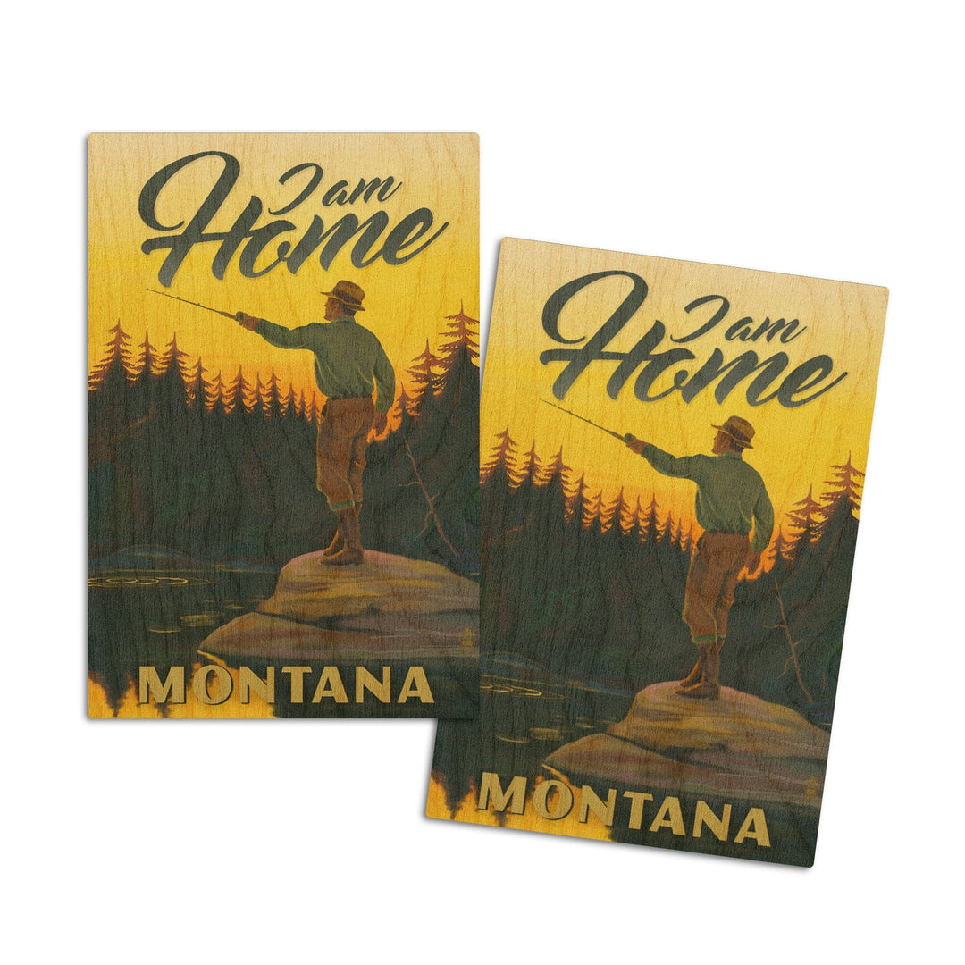 Montana, I am Home, Fly Fishing Scene, Lantern Press Artwork, Wood Signs and Postcards Wood Lantern Press 4x6 Wood Postcard Set 
