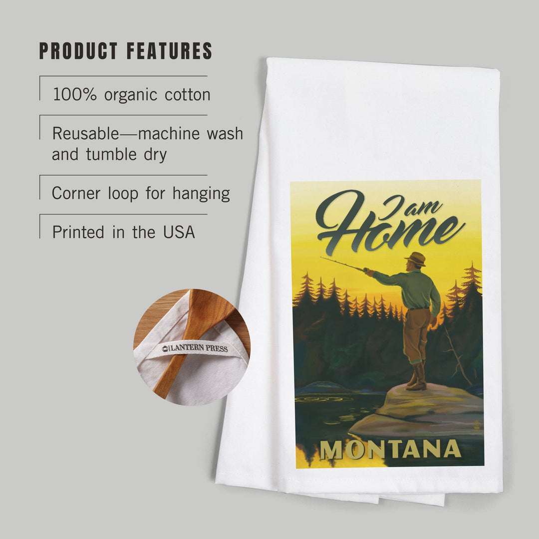 Montana, I am Home, Fly Fishing Scene, Organic Cotton Kitchen Tea Towels Kitchen Lantern Press 