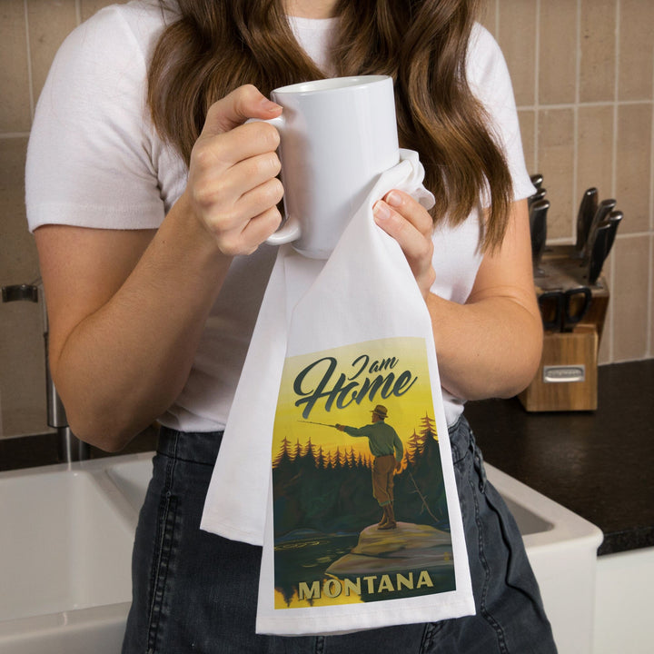 Montana, I am Home, Fly Fishing Scene, Organic Cotton Kitchen Tea Towels Kitchen Lantern Press 
