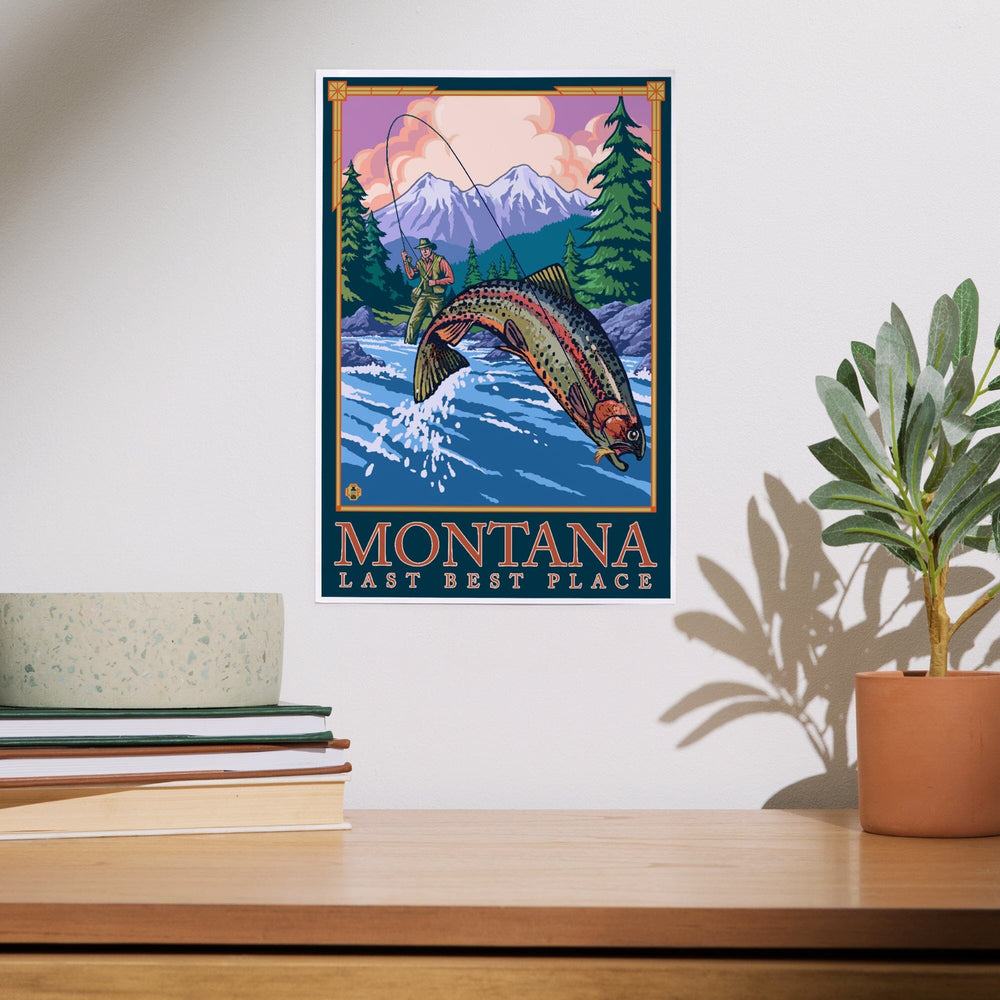 Montana, Last Best Place, Angler Fly Fishing Scene (Leaping Trout), Art & Giclee Prints Art Lantern Press 
