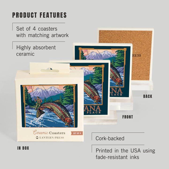 Montana, Last Best Place, Angler Fly Fishing Scene (Leaping Trout), Coasters Coasters Lantern Press 