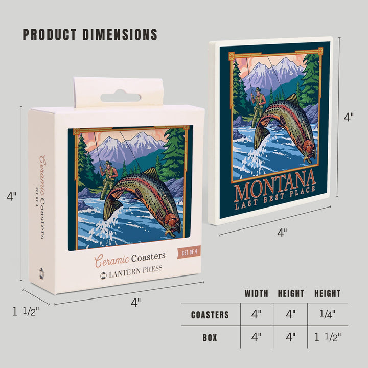 Montana, Last Best Place, Angler Fly Fishing Scene (Leaping Trout), Coasters Coasters Lantern Press 