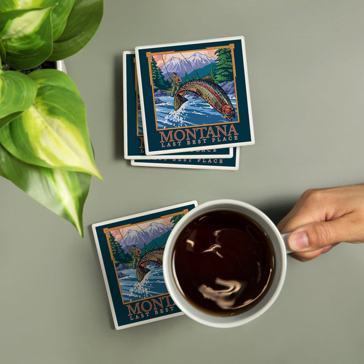 Montana, Last Best Place, Angler Fly Fishing Scene (Leaping Trout), Coasters Coasters Lantern Press 