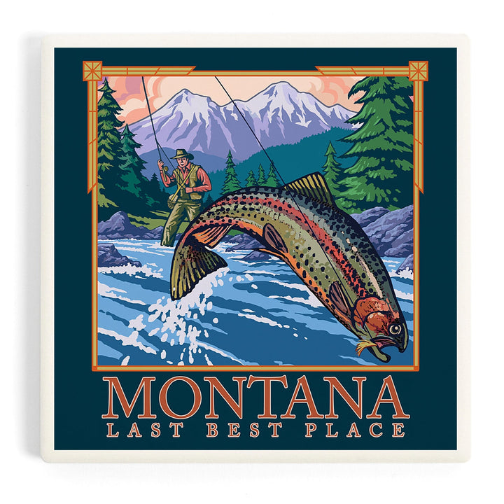 Montana, Last Best Place, Angler Fly Fishing Scene (Leaping Trout), Coasters Coasters Lantern Press 
