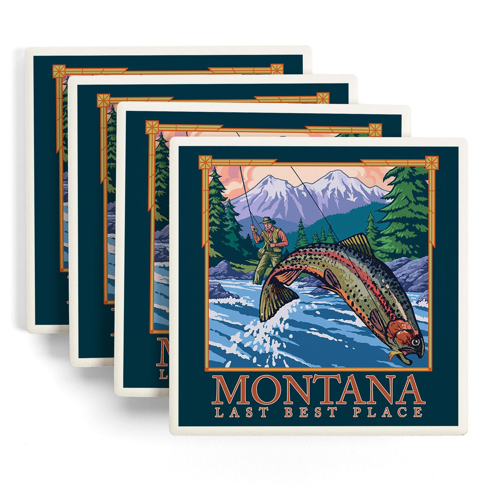 Montana, Last Best Place, Angler Fly Fishing Scene (Leaping Trout), Coasters Coasters Lantern Press 