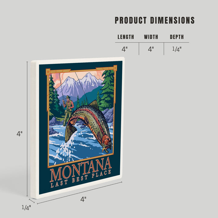 Montana, Last Best Place, Angler Fly Fishing Scene (Leaping Trout), Coasters Coasters Lantern Press 