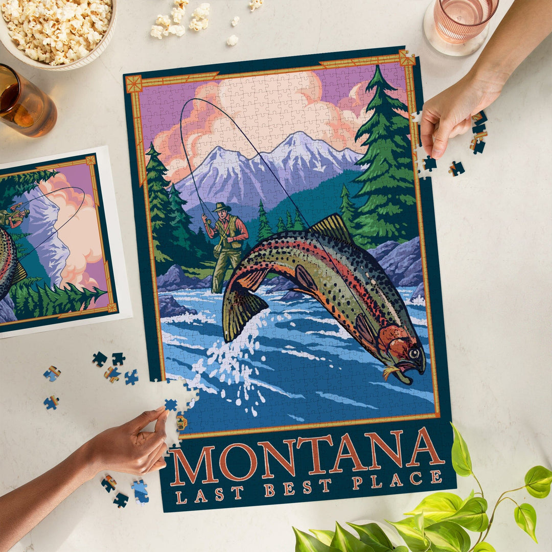 Montana, Last Best Place, Angler Fly Fishing Scene (Leaping Trout), Jigsaw Puzzle Puzzle Lantern Press 