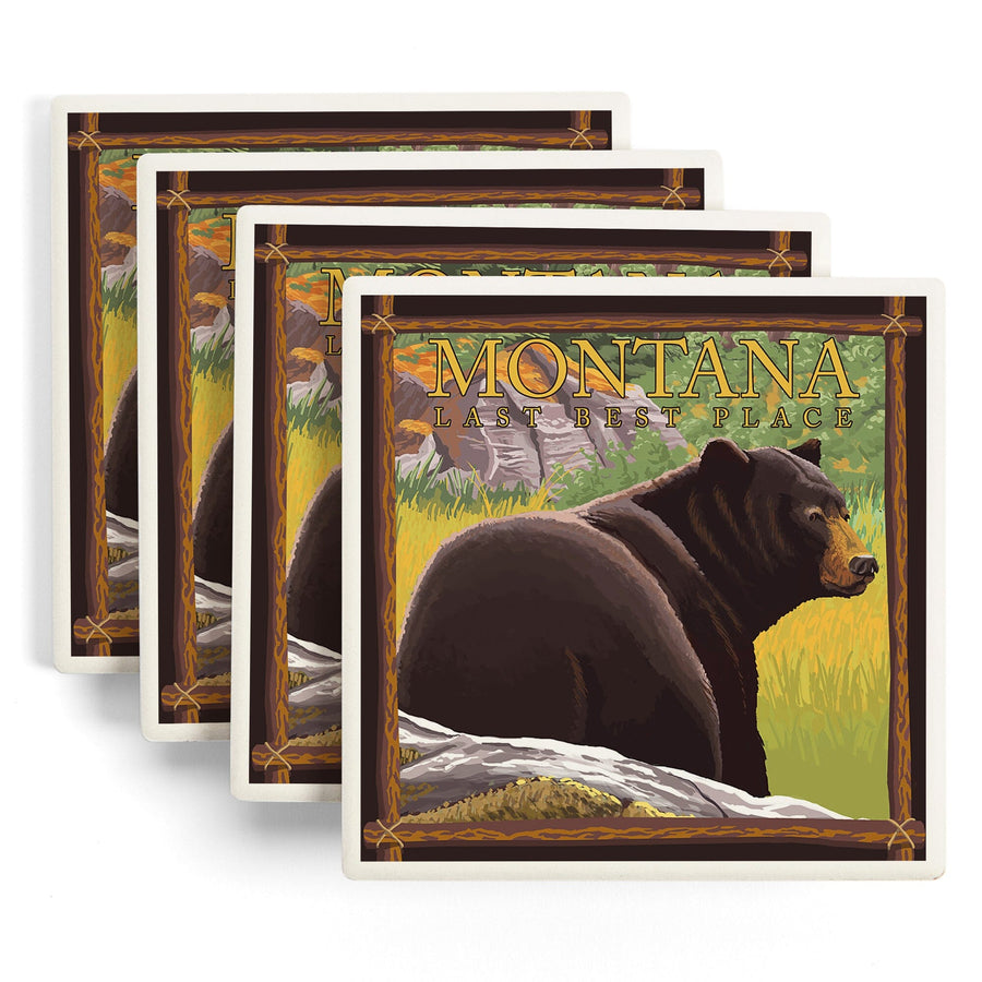 Montana, Last Best Place, Bear in Forest, Lantern Press Artwork, Coaster Set Coasters Lantern Press 