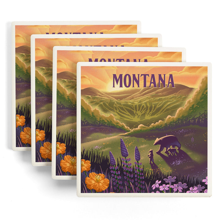 Montana, Lithograph, Bear and Spring Flowers, Coasters Coasters Lantern Press 