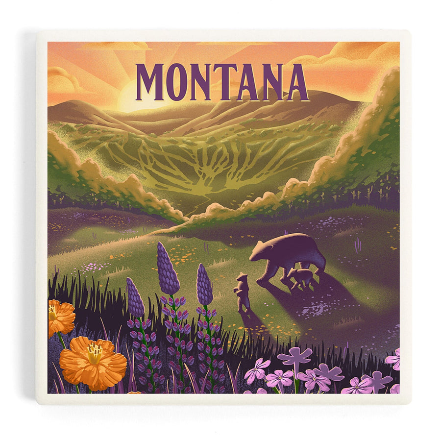 Montana, Lithograph, Bear and Spring Flowers, Coasters Coasters Lantern Press 