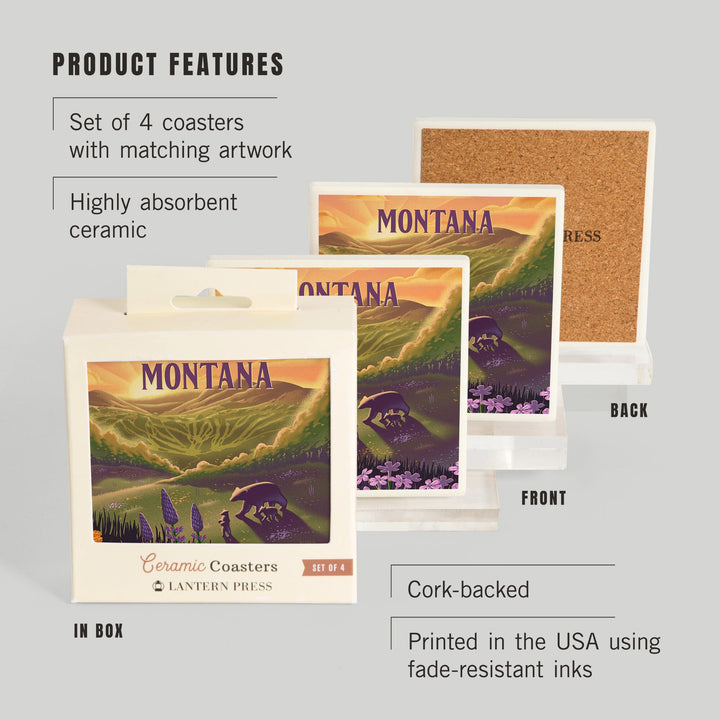 Montana, Lithograph, Bear and Spring Flowers, Coasters Coasters Lantern Press 
