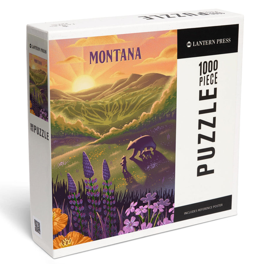 Montana, Lithograph, Bear and Spring Flowers, Jigsaw Puzzle Puzzle Lantern Press 