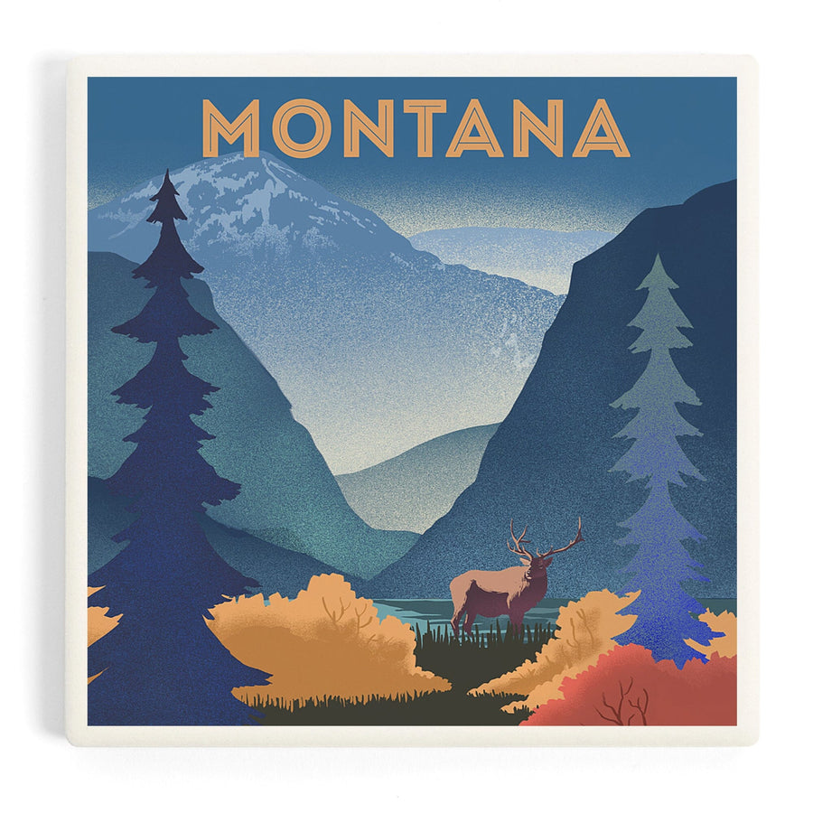 Montana, Lithograph, Elk and Mountains Scene, Coasters Coasters Lantern Press 