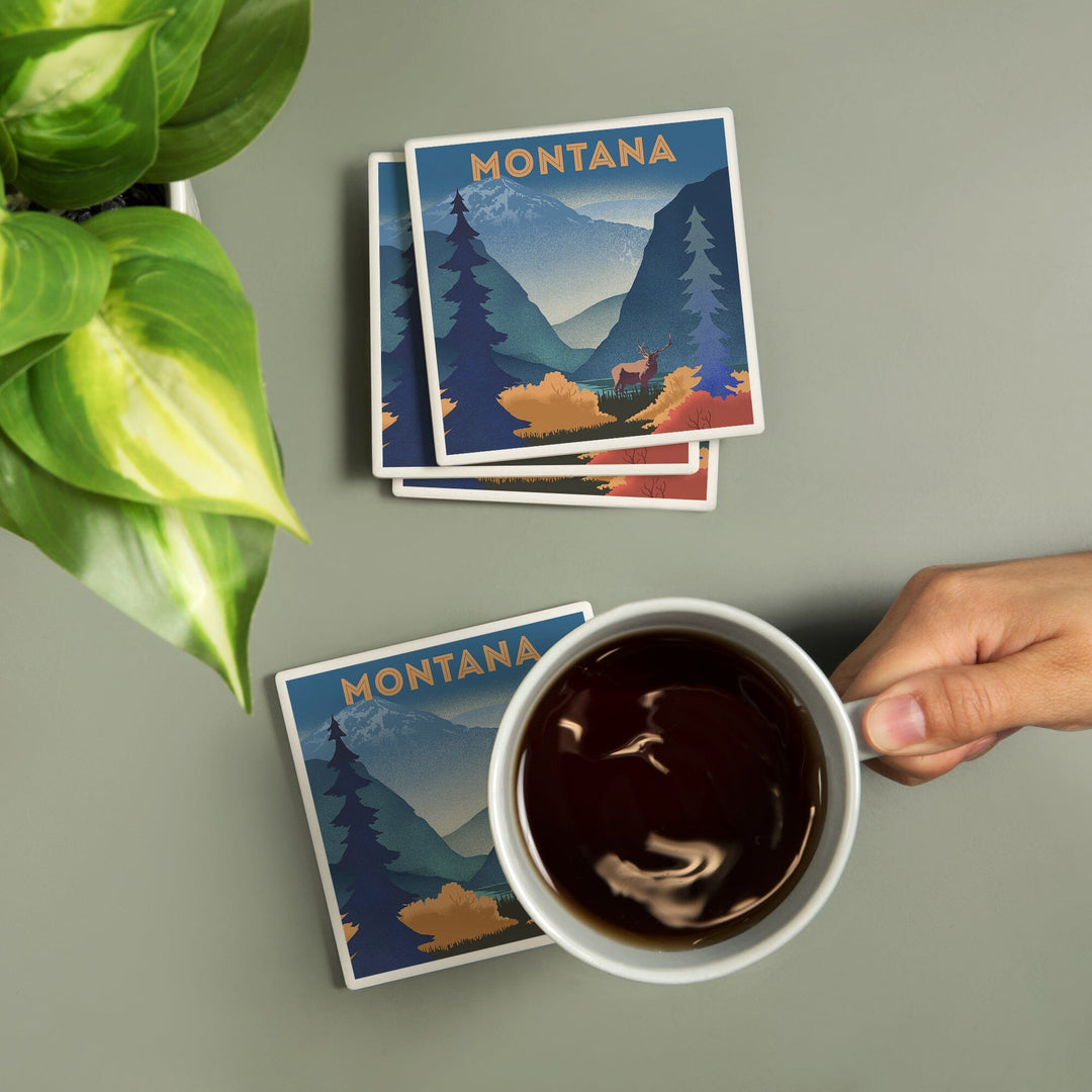 Montana, Lithograph, Elk and Mountains Scene, Coasters Coasters Lantern Press 