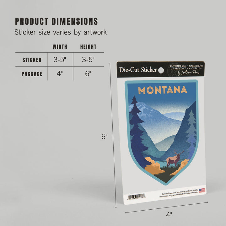 Montana, Lithograph, Elk and Mountains Scene, Contour, Vinyl Sticker Sticker Lantern Press 