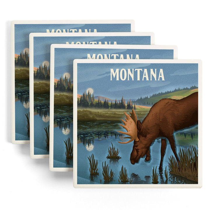 Montana, Lithograph, Reflection Pond and Bull Moose, Coasters Coasters Lantern Press 