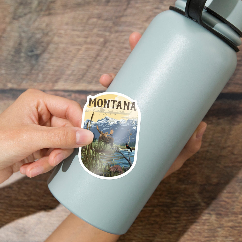 Montana, Moose & Marsh Scene, Contour, Lantern Press Artwork, Vinyl Sticker Sticker Lantern Press 