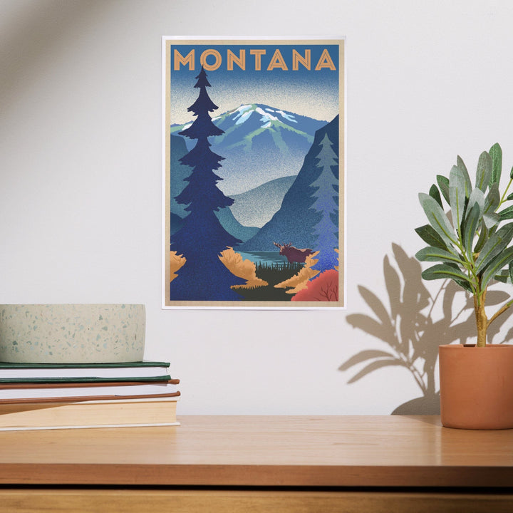 Montana, Mountain and Moose, Lithograph, Art & Giclee Prints Art Lantern Press 