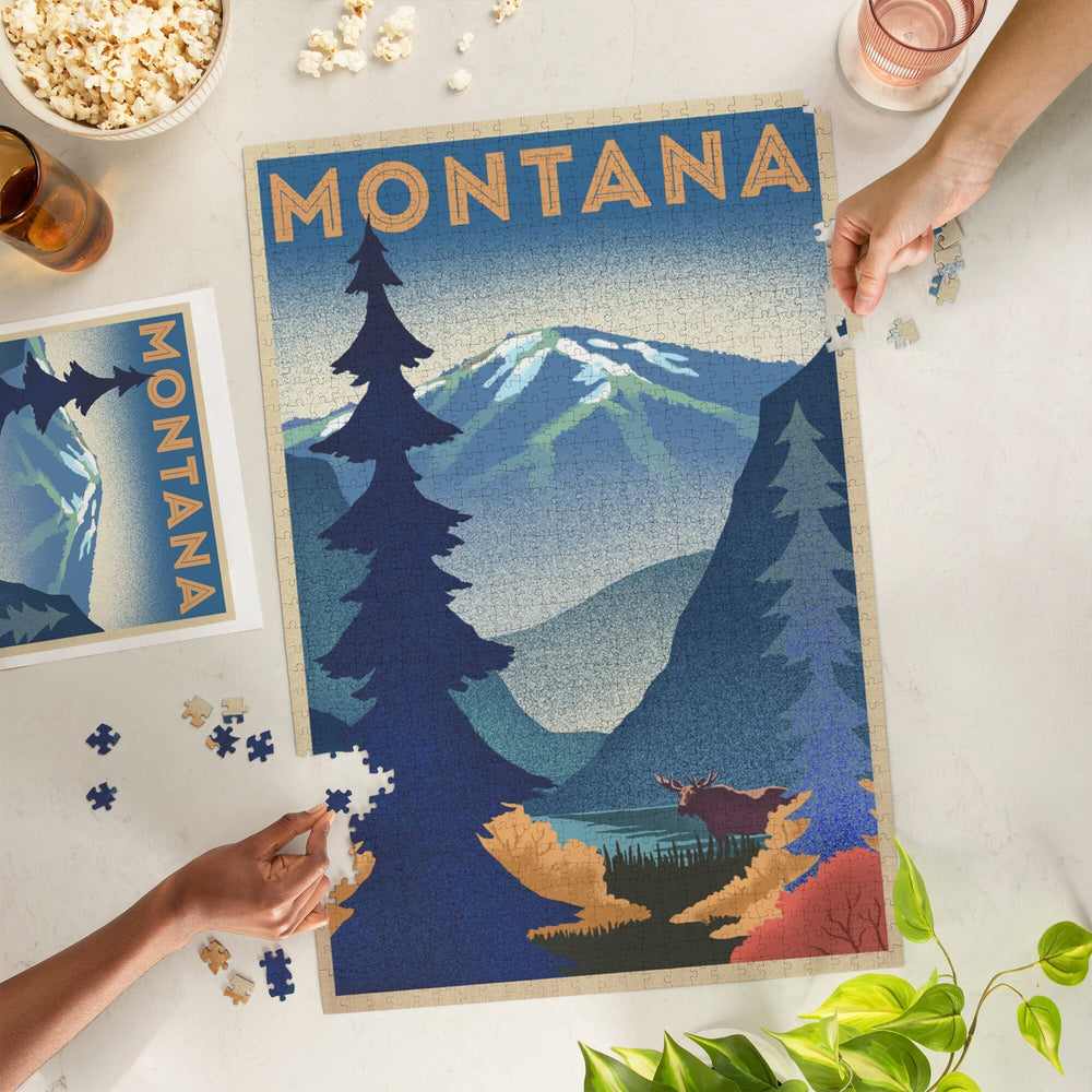 Montana, Mountain and Moose, Lithograph, Jigsaw Puzzle Puzzle Lantern Press 