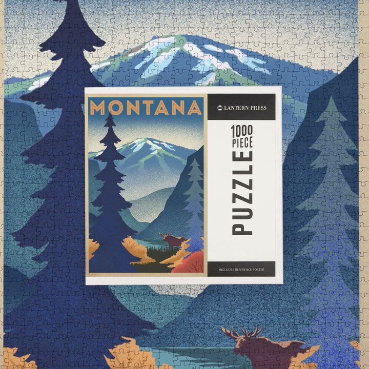Montana, Mountain and Moose, Lithograph, Jigsaw Puzzle Puzzle Lantern Press 