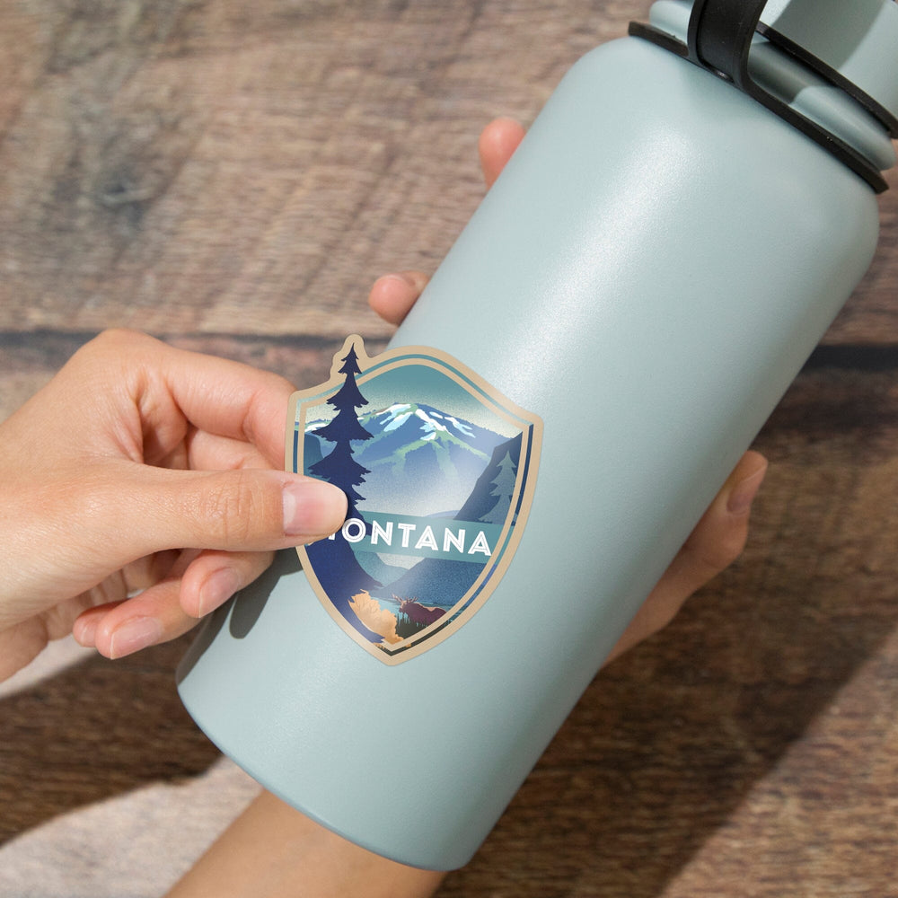 Montana, Mountain & Moose, Lithograph, Contour, Lantern Press Artwork, Vinyl Sticker Sticker Lantern Press 
