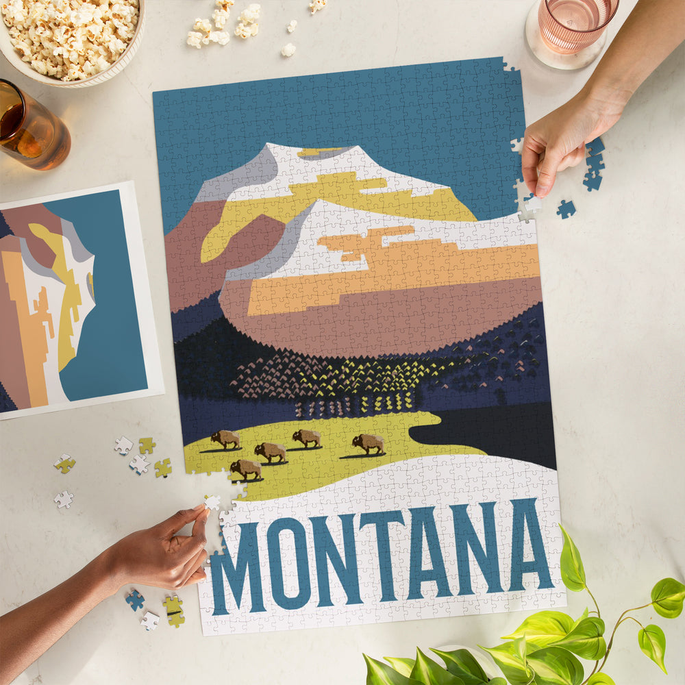 Montana, Mountain Scene with Buffalo, Jigsaw Puzzle Puzzle Lantern Press 