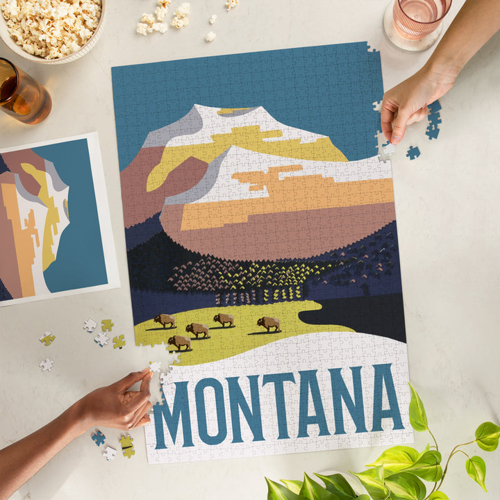 Montana, Mountain Scene with Buffalo, Jigsaw Puzzle Puzzle Lantern Press 