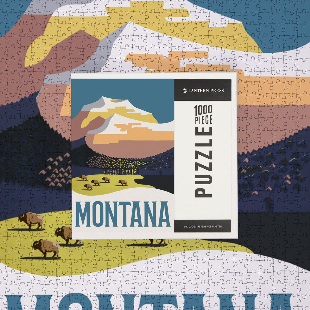 Montana, Mountain Scene with Buffalo, Jigsaw Puzzle Puzzle Lantern Press 