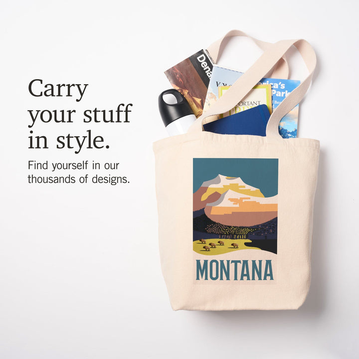 Montana, Mountain Scene with Buffalo, Lantern Press Artwork, Tote Bag Totes Lantern Press 