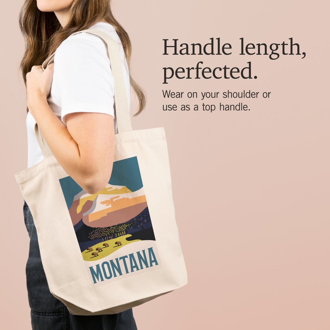 Montana, Mountain Scene with Buffalo, Lantern Press Artwork, Tote Bag Totes Lantern Press 