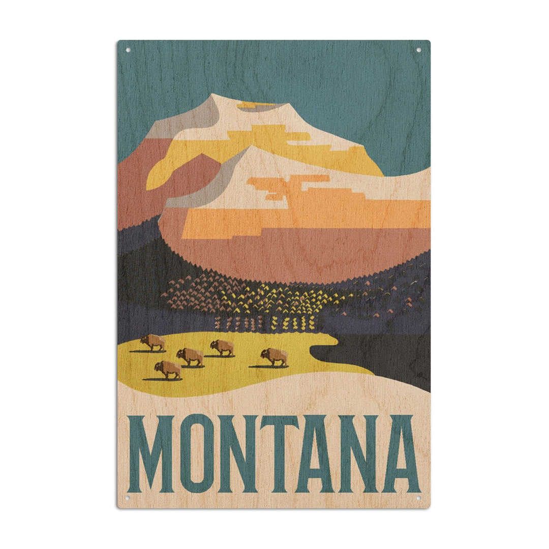 Montana, Mountain Scene with Buffalo, Lantern Press Artwork, Wood Signs and Postcards Wood Lantern Press 10 x 15 Wood Sign 