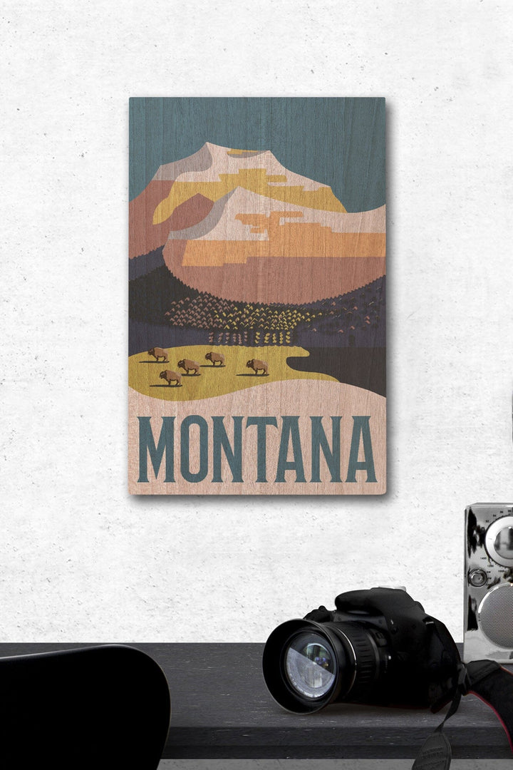 Montana, Mountain Scene with Buffalo, Lantern Press Artwork, Wood Signs and Postcards Wood Lantern Press 12 x 18 Wood Gallery Print 