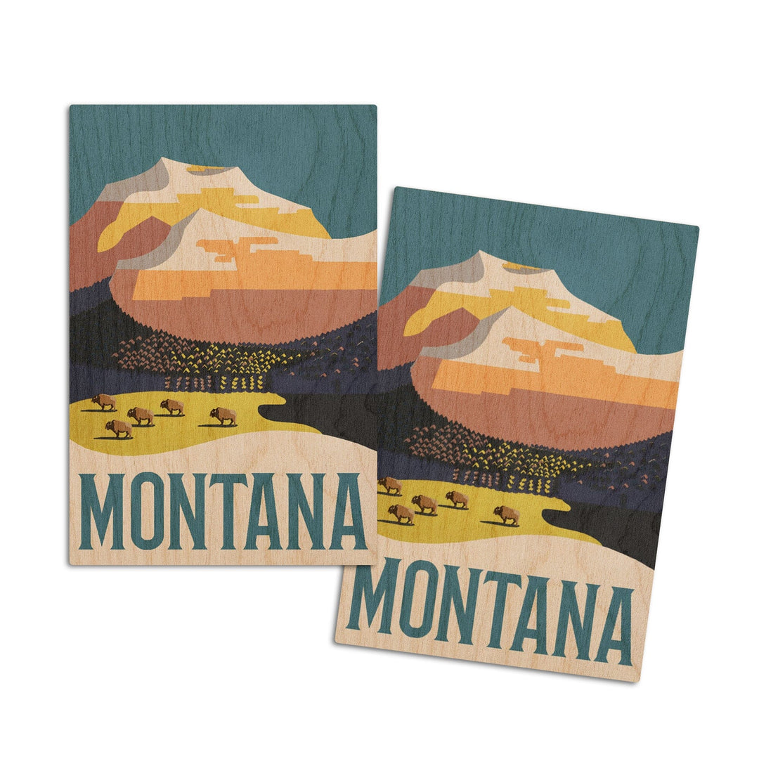 Montana, Mountain Scene with Buffalo, Lantern Press Artwork, Wood Signs and Postcards Wood Lantern Press 4x6 Wood Postcard Set 