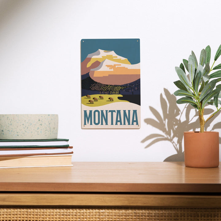Montana, Mountain Scene with Buffalo, Lantern Press Artwork, Wood Signs and Postcards Wood Lantern Press 